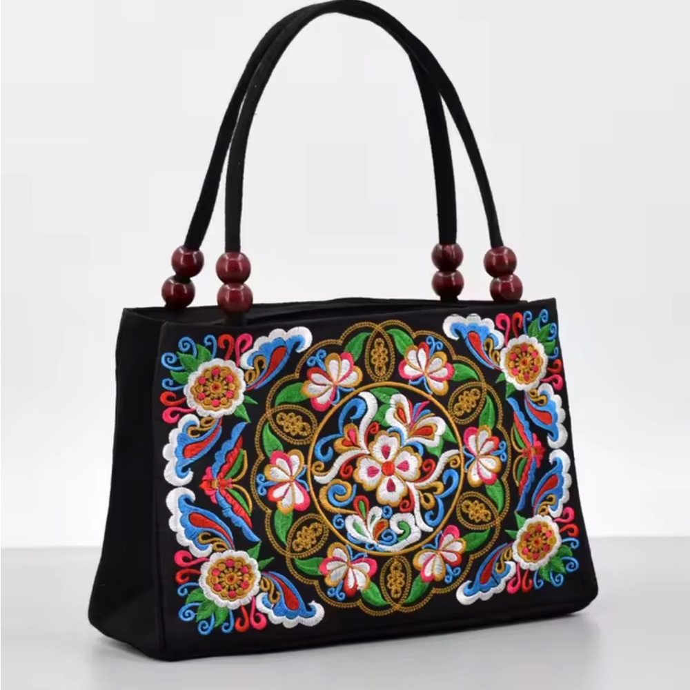 Embroidered Black Floral Tote Bag with Beaded Handles